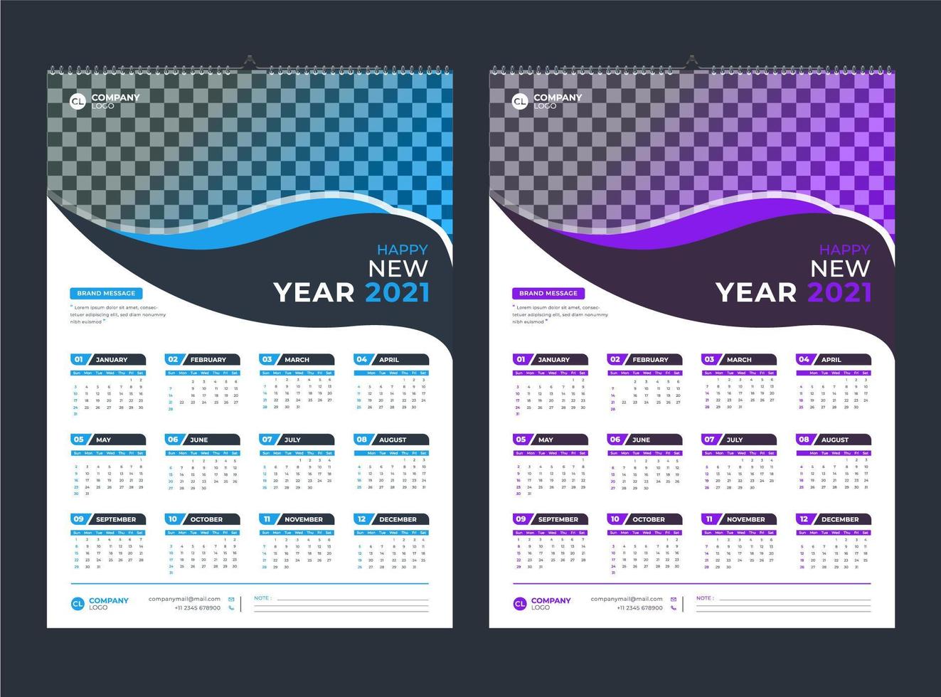 plantilla de calendario 2021 azul y morado moderno vector