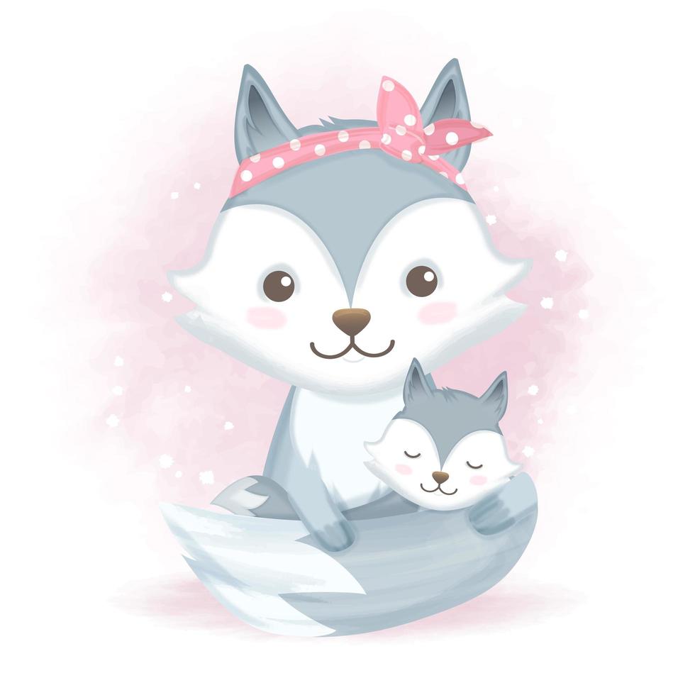 Baby fox and mother in watercolor style vector