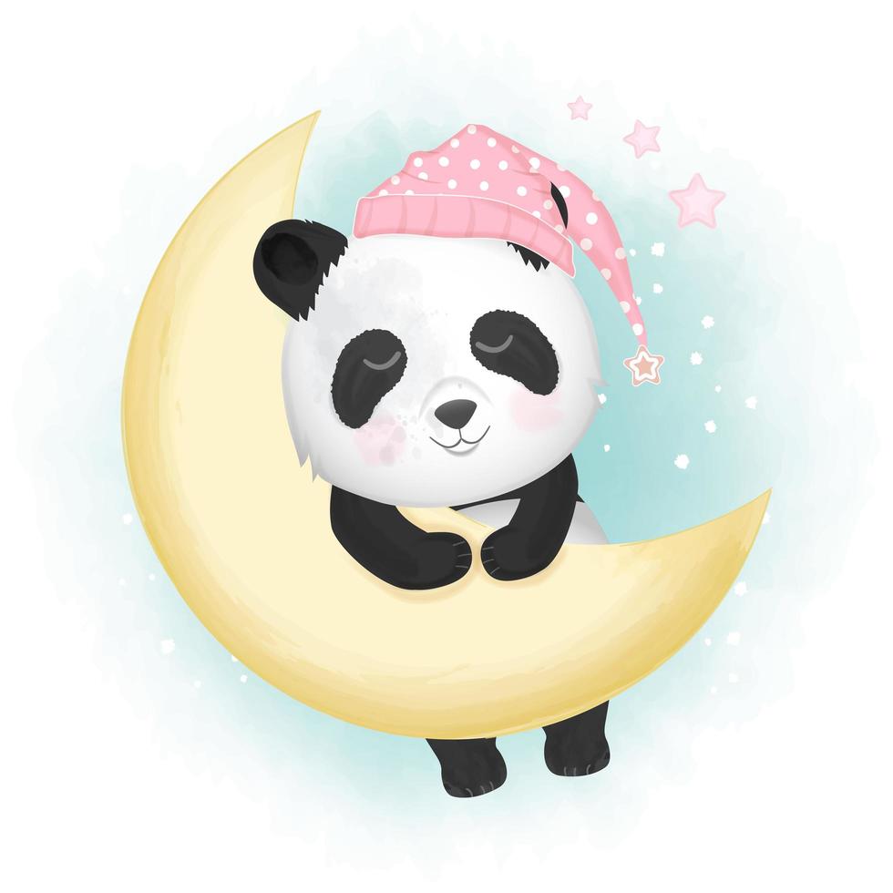 panda durmiendo con luna en estilo acuarela vector