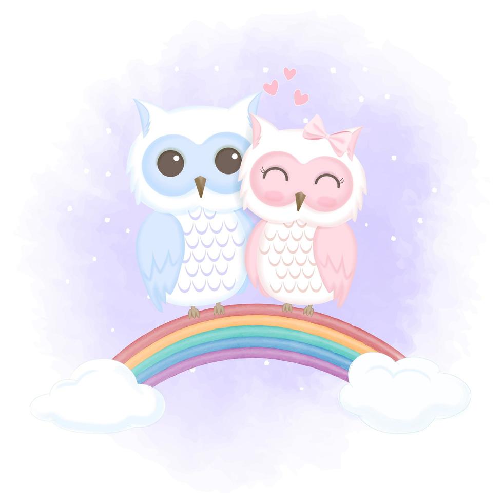 Owl couple on rainbow in watercolor style vector