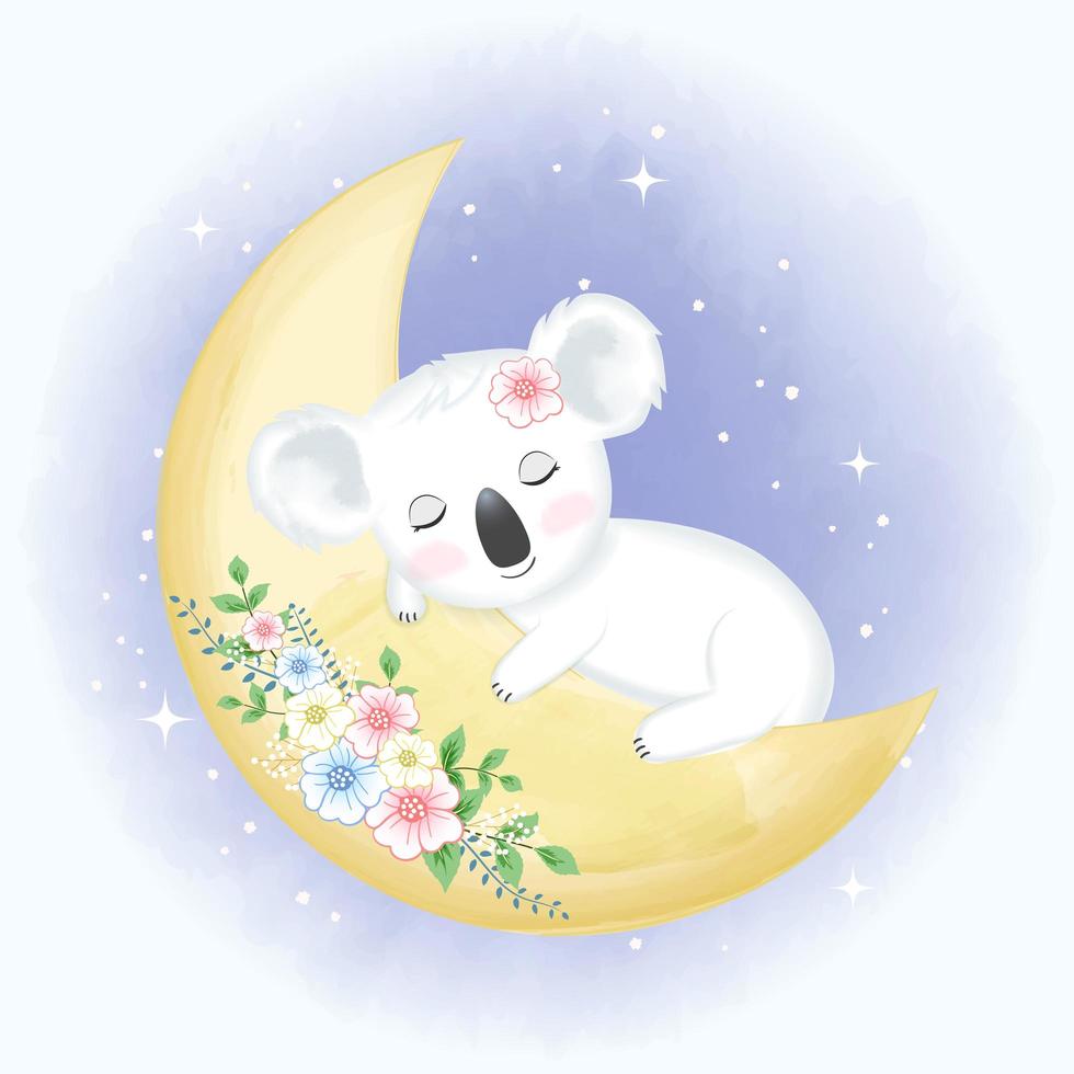 Baby Koala sleeping on floral moon vector