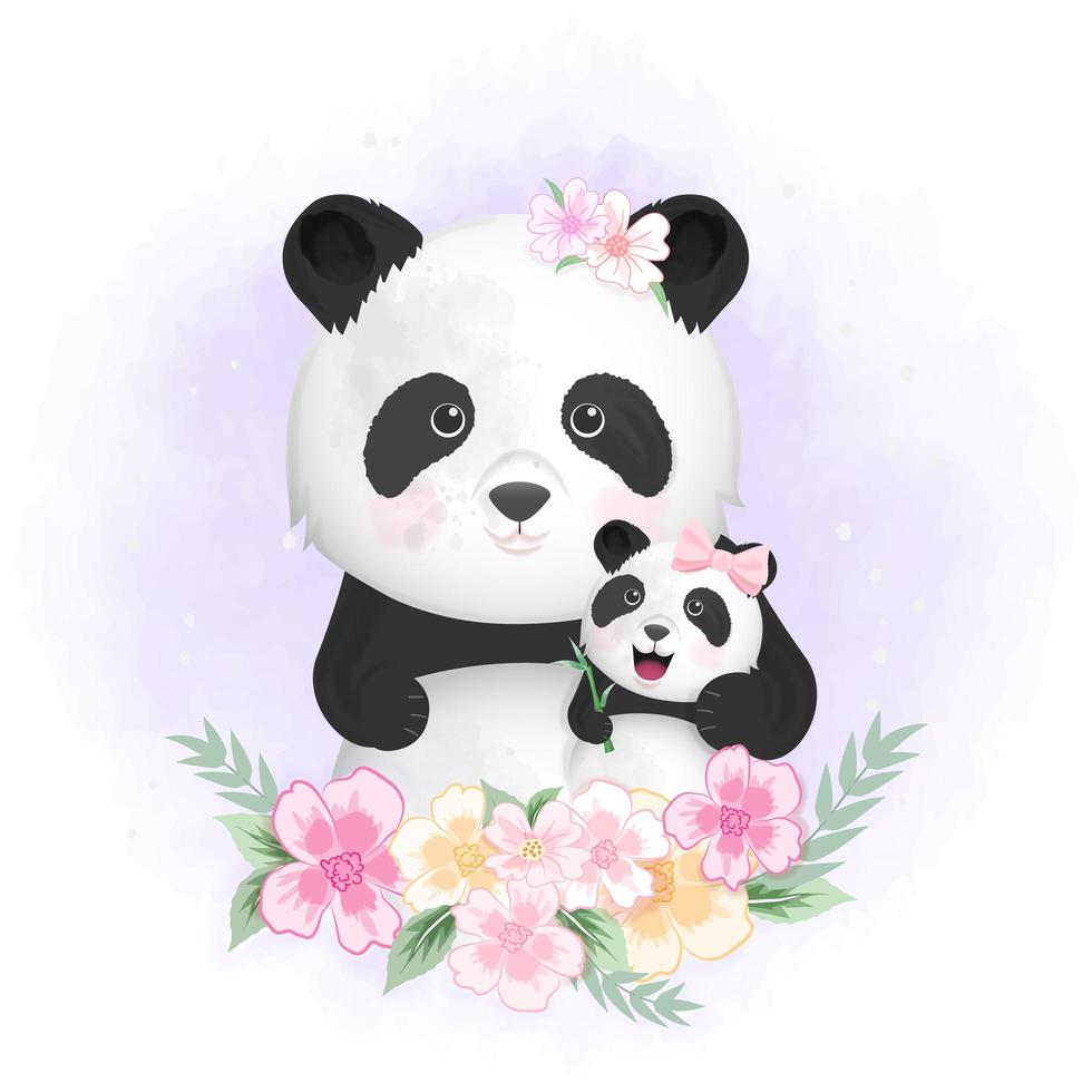 bebé panda y mamá en flores vector