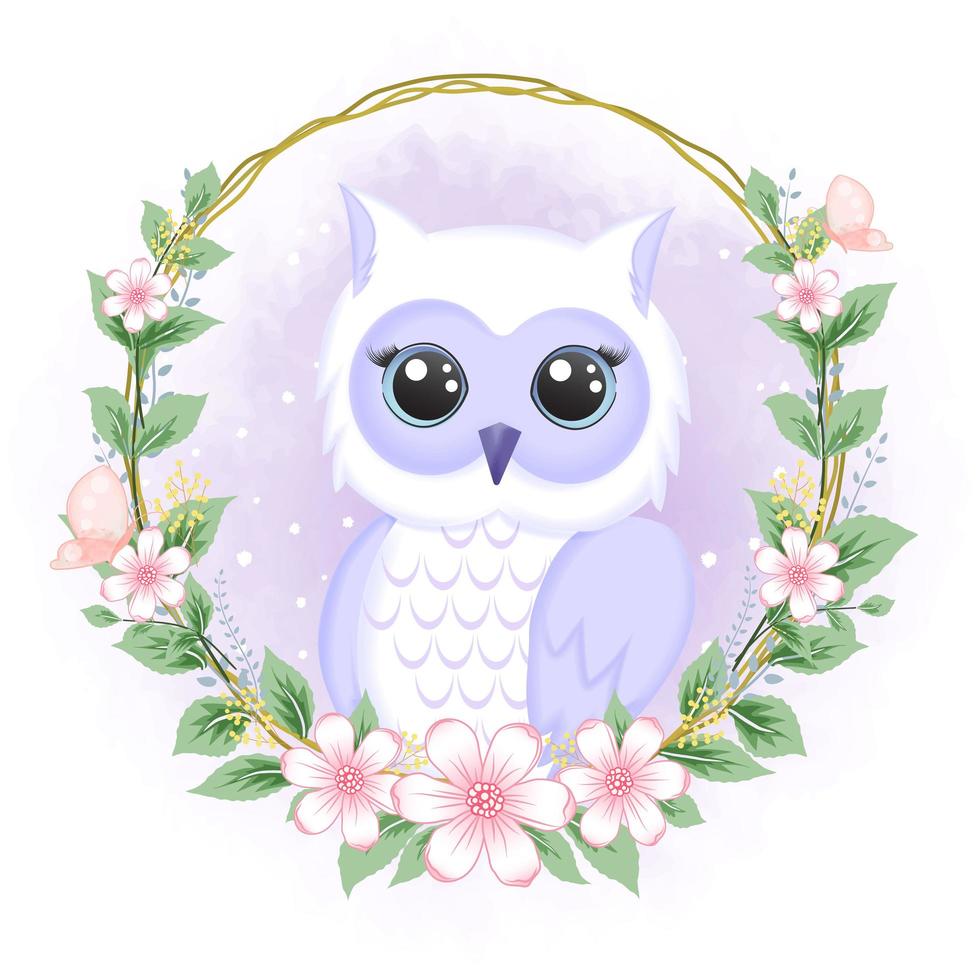 Owl with flower frame in watercolor style vector