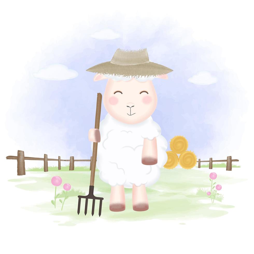 Sheep holding rake on farm in watercolor style vector