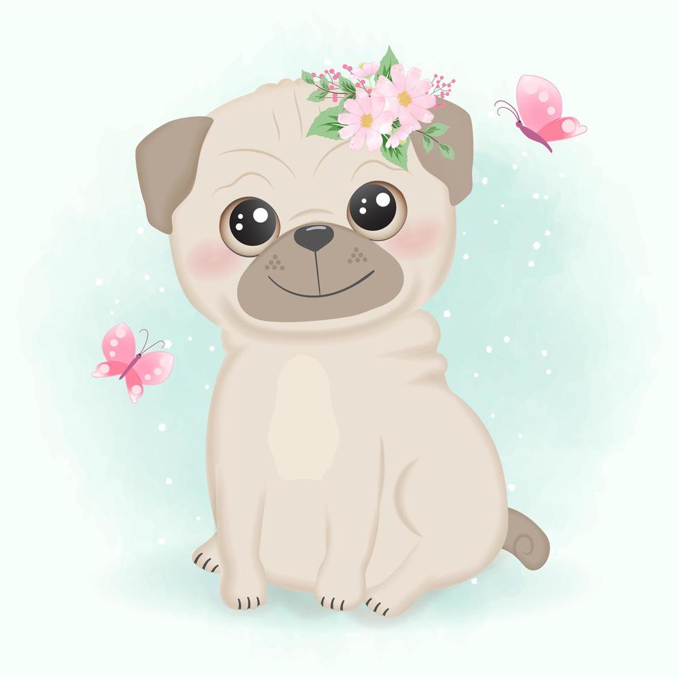 Pug and butterflies in watercolor style vector