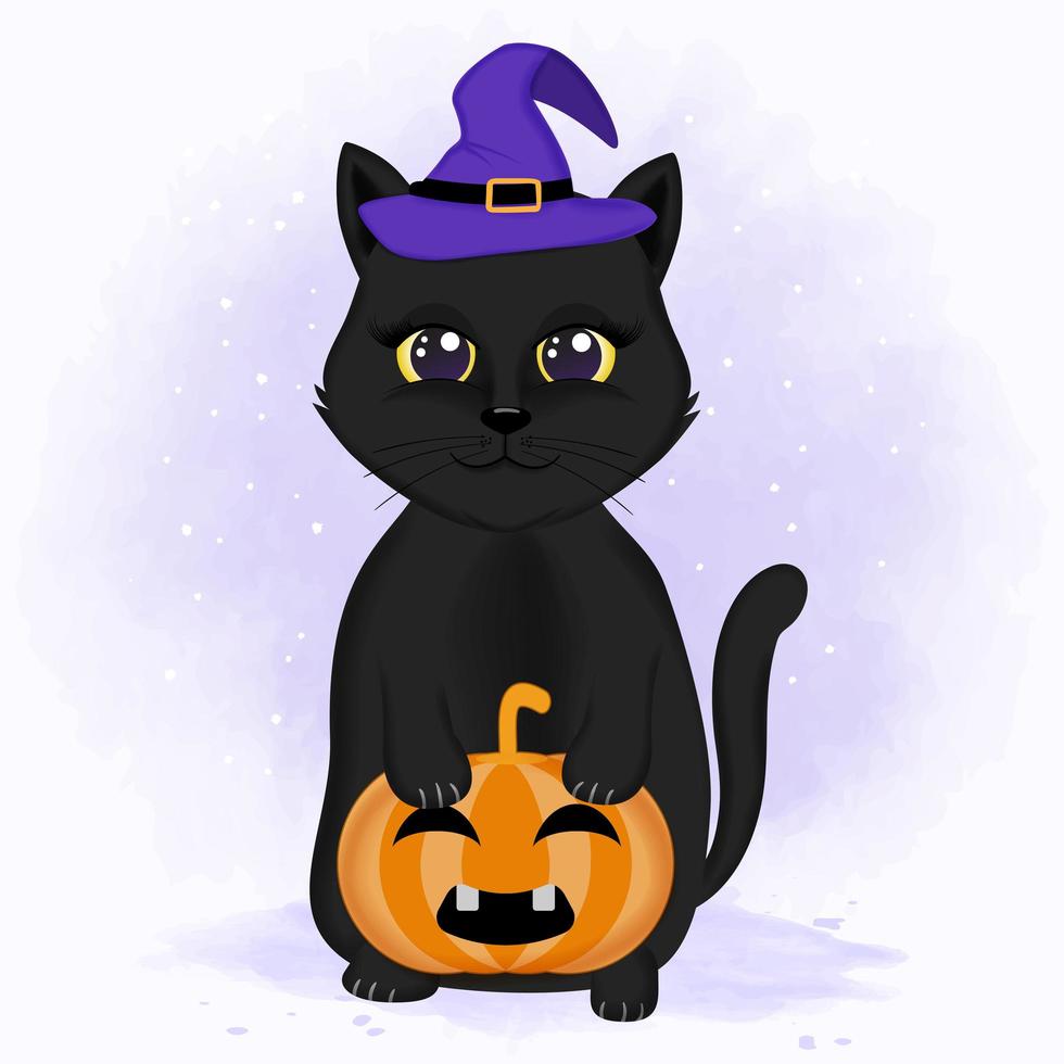 Cat with witch hat and pumpkin vector