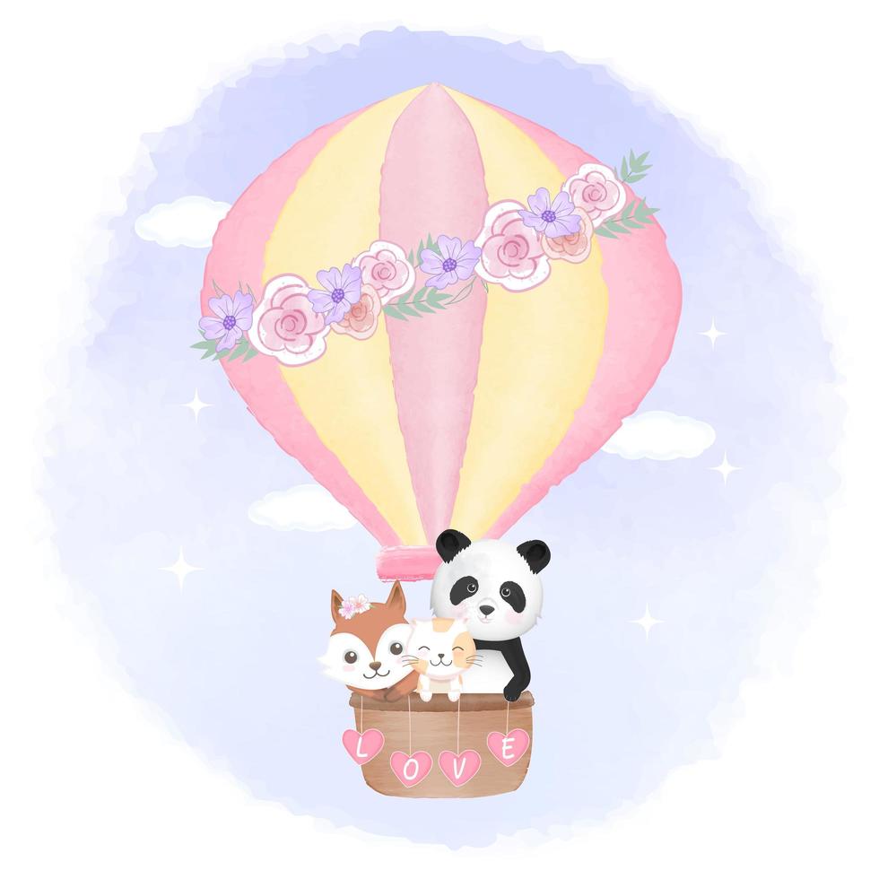 Fox, cat, panda floating in hot air balloon vector