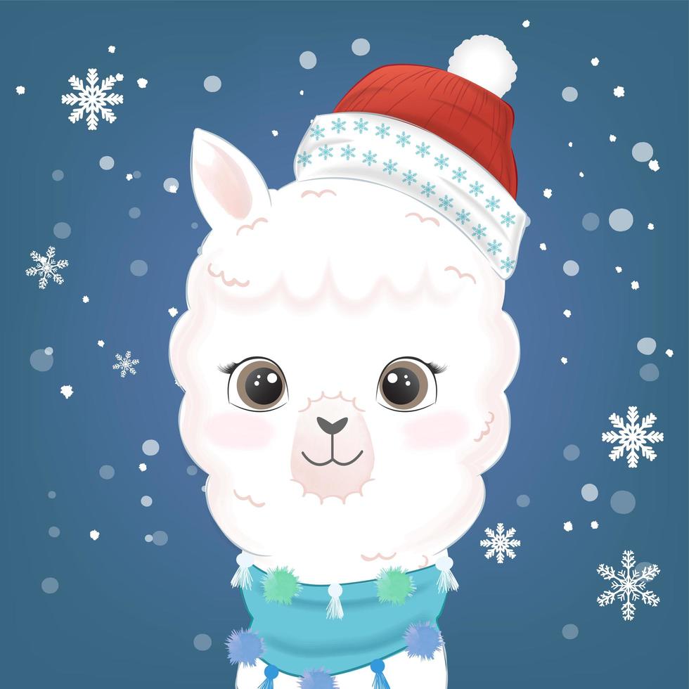 Llama and falling snow on blue vector