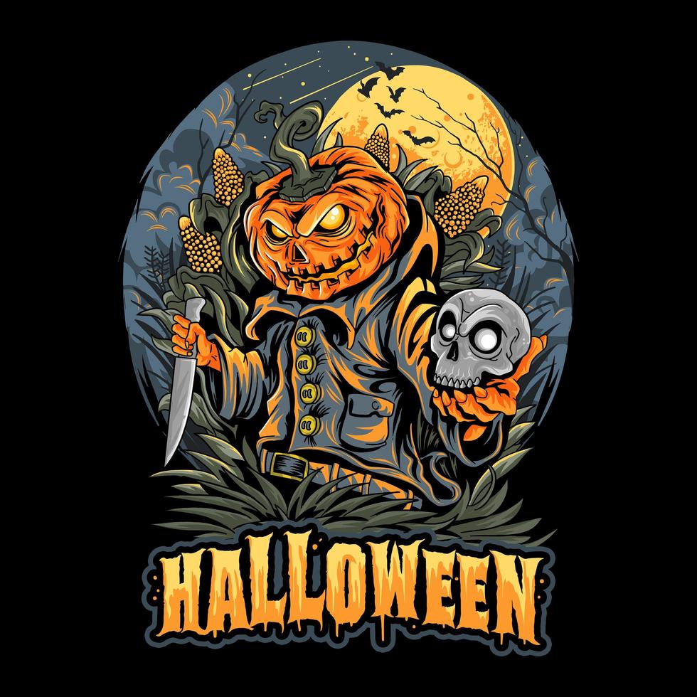 Halloween scarecrow holding skull head vector