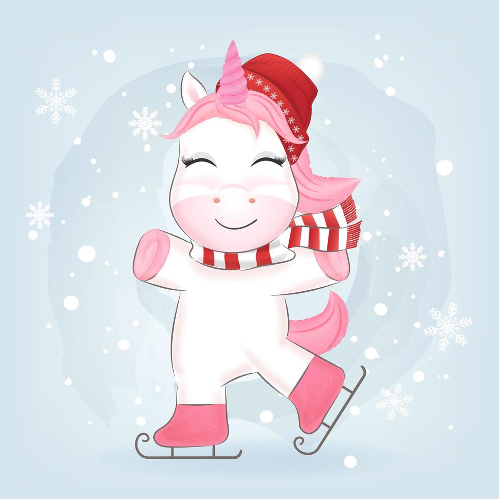 Unicorn on ice skates in snow vector