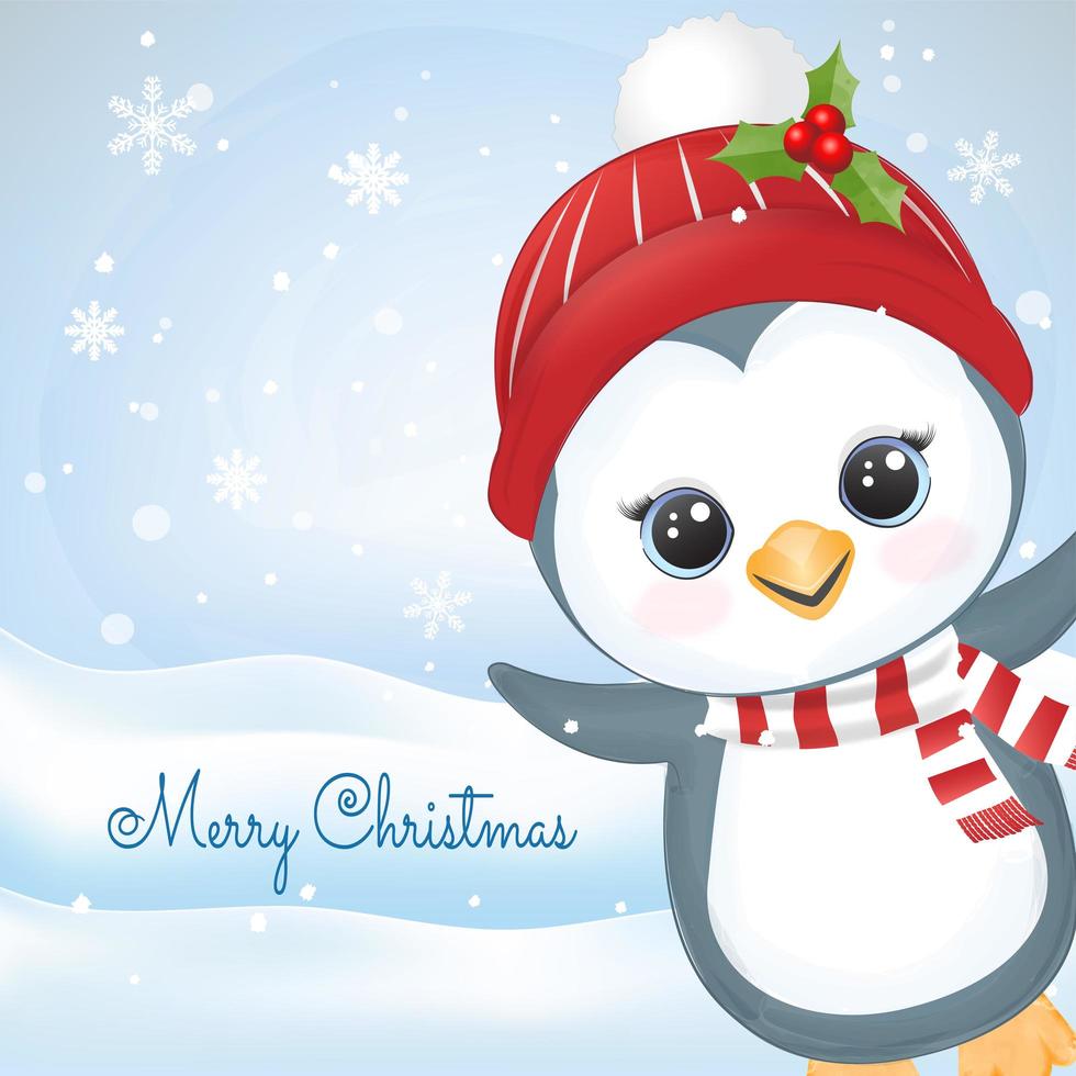 Christmas penguin and snowflake in winter scene vector