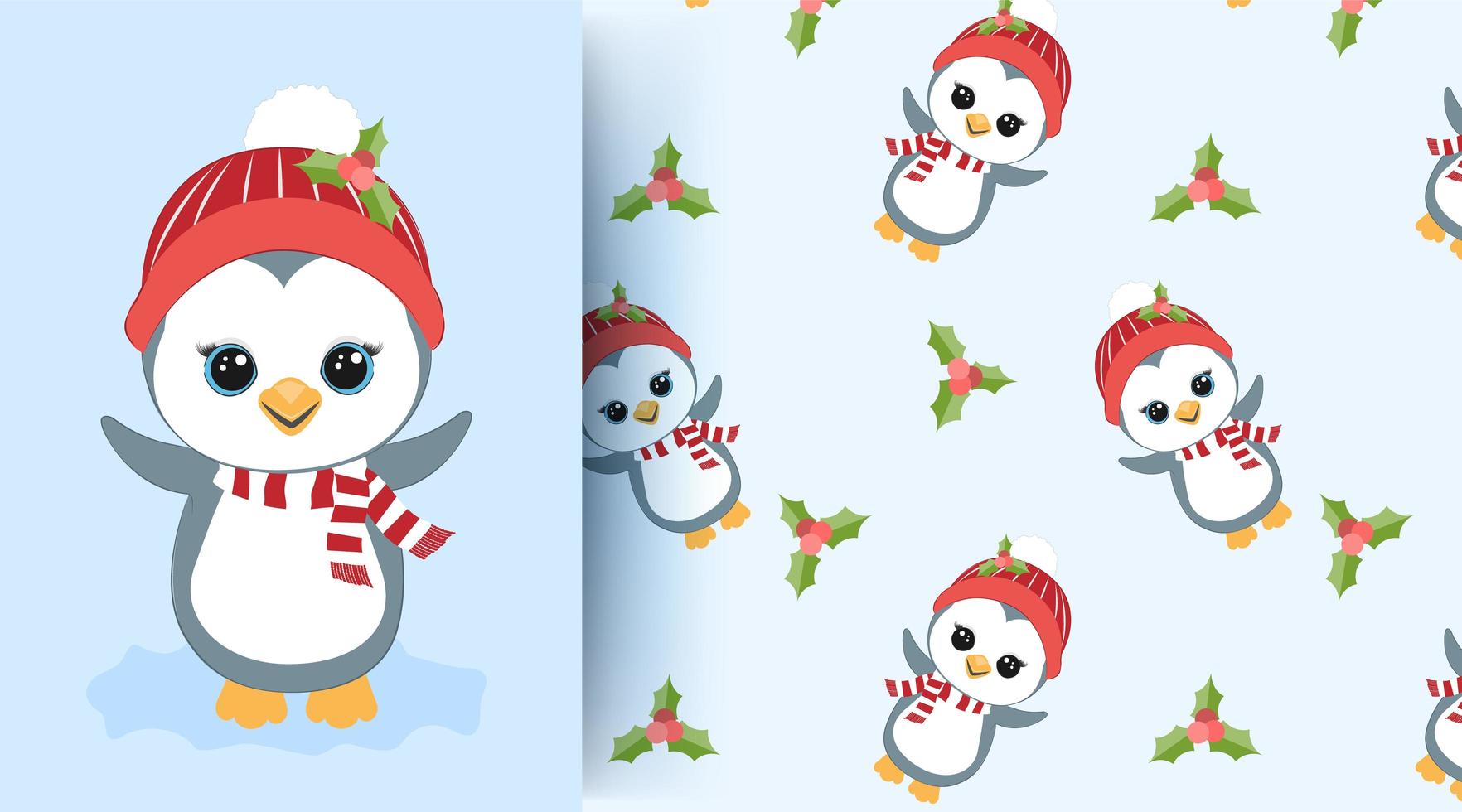 Penguin and holly pattern vector