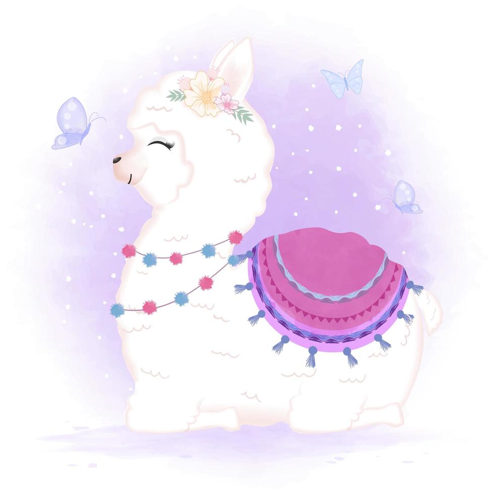 Baby llama and butterflies in watercolor style vector