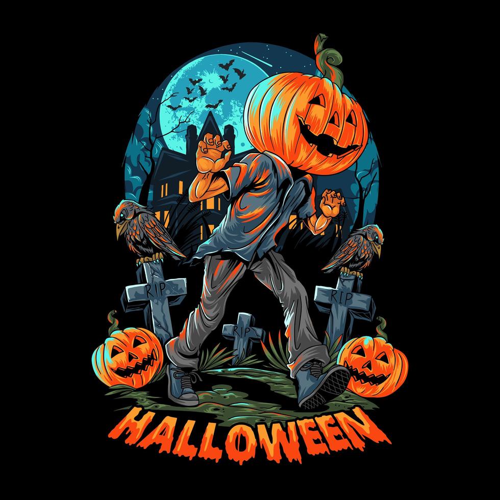 Pumpkin-headed human walking in front of haunted house  vector