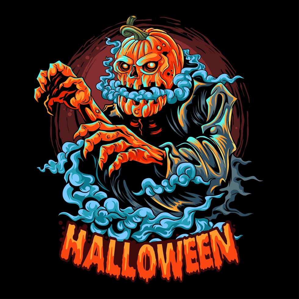 zombie de halloween con una cabeza de calabaza llena de humo vector