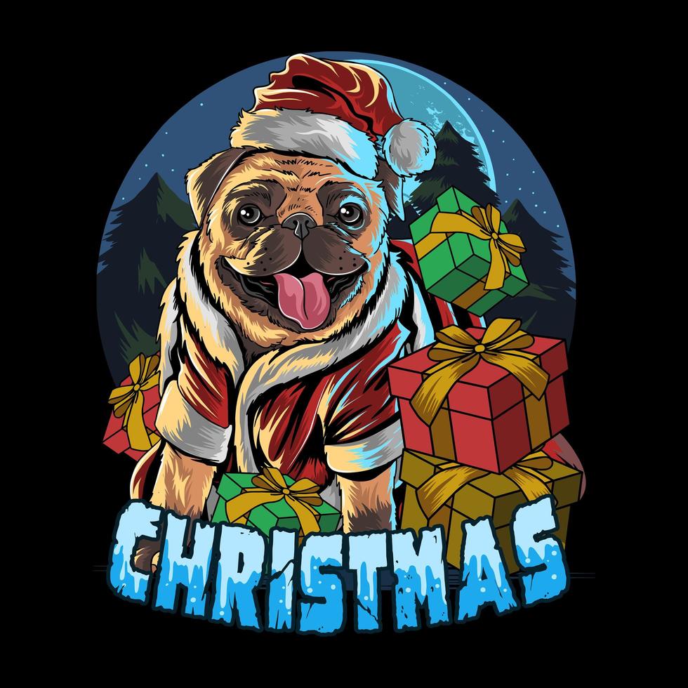 perro pug con sombrero de santa claus vector