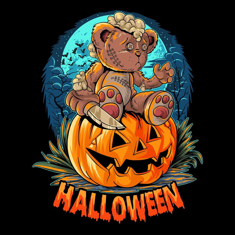 Halloween teddy bear with knife sitting on pumpkin vector