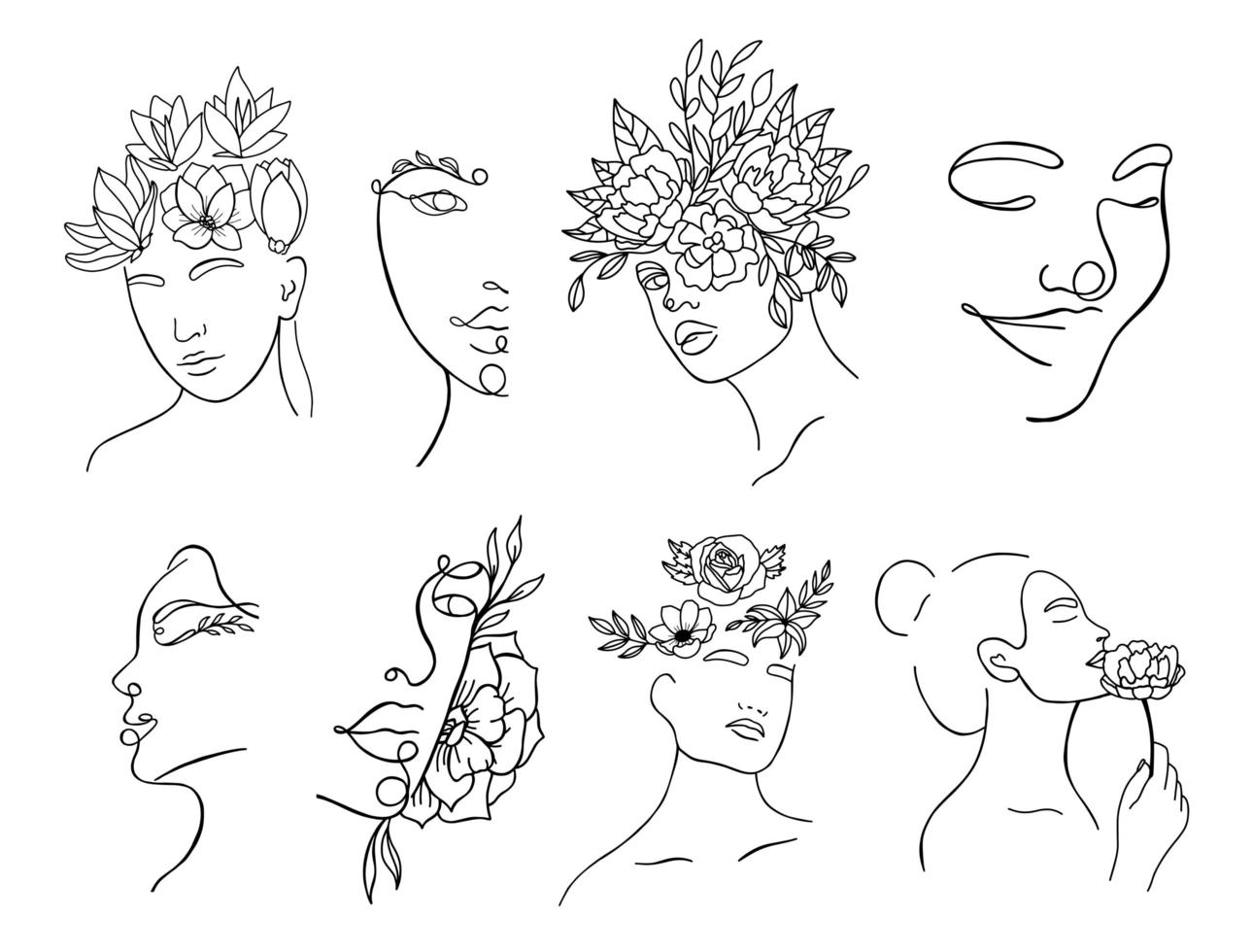 Continuous linear silhouette of female faces vector