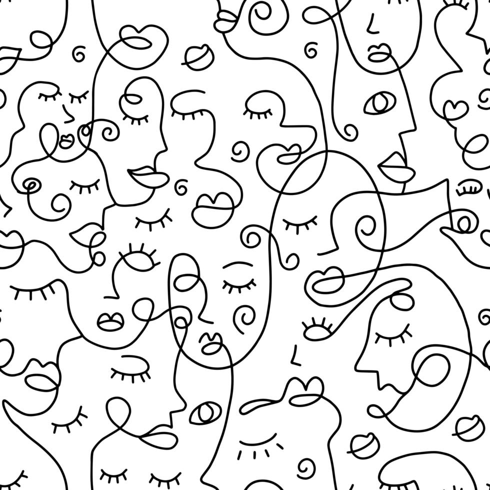 Continuous line drawing abstract face seamless pattern vector