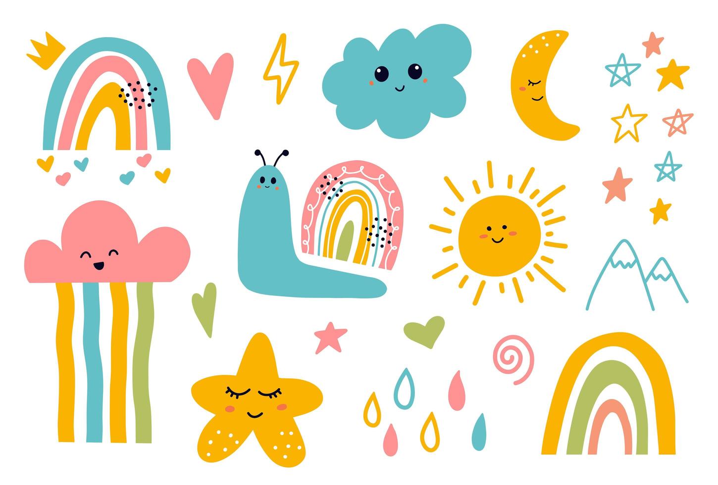 Kawaii cute smiling moon, cloud, star, rainbow, sun elements  vector