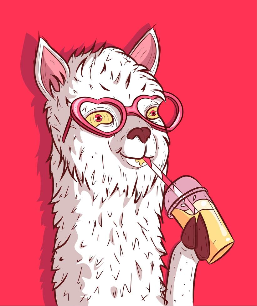 llama blanca con gafas de sol en forma de corazón bebiendo limonada vector