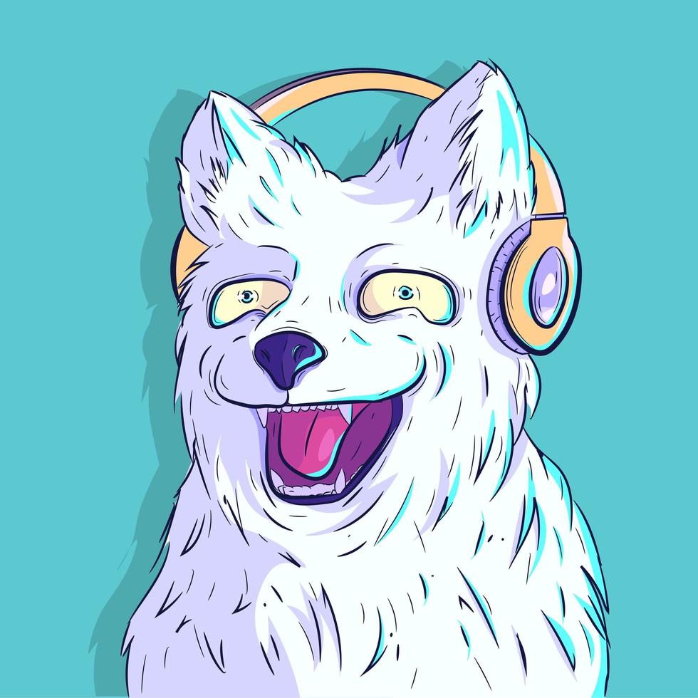 Perro blanco peludo sonriendo con auriculares vector