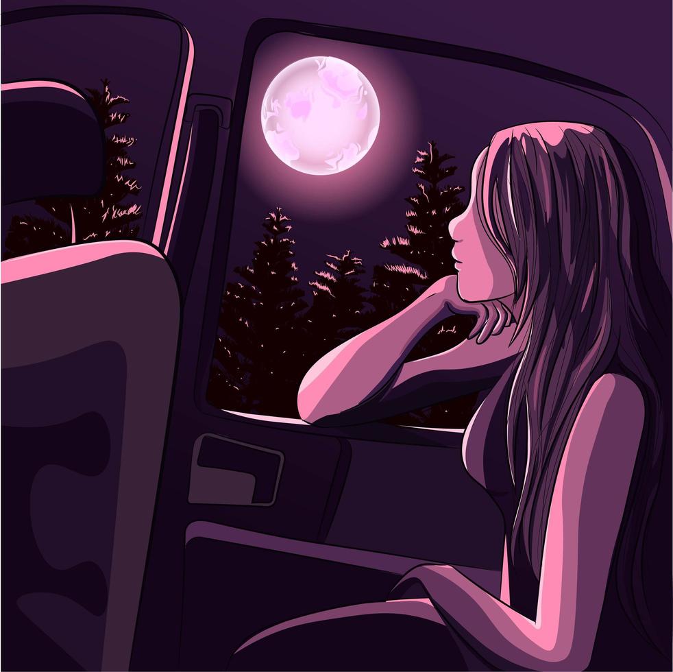 Girl Meditating Under Moonlight Inside Car vector