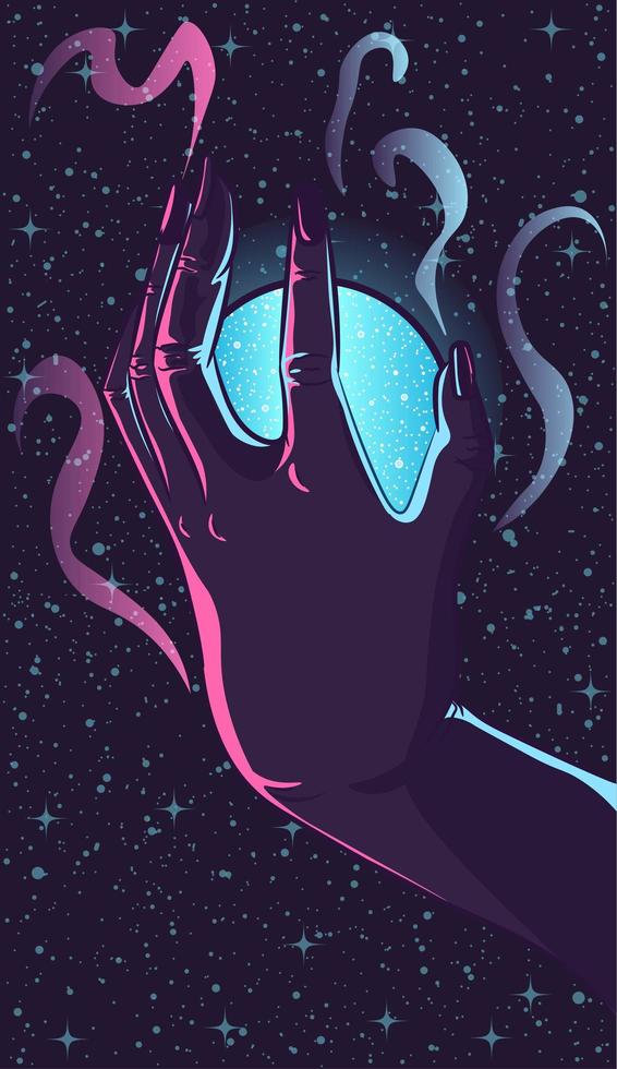 Hand Holding Crystal Ball Under the Night Sky vector