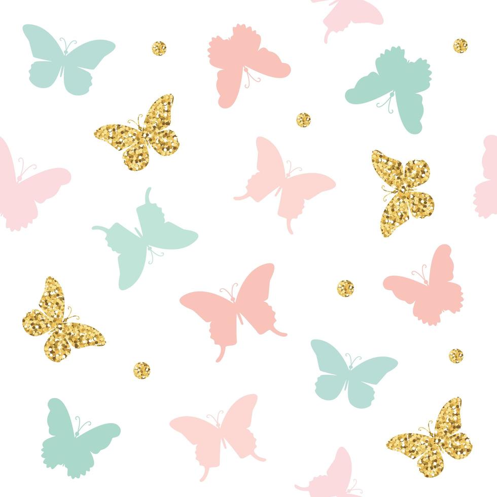 brillo, rosa pastel y mariposas azules de patrones sin fisuras vector