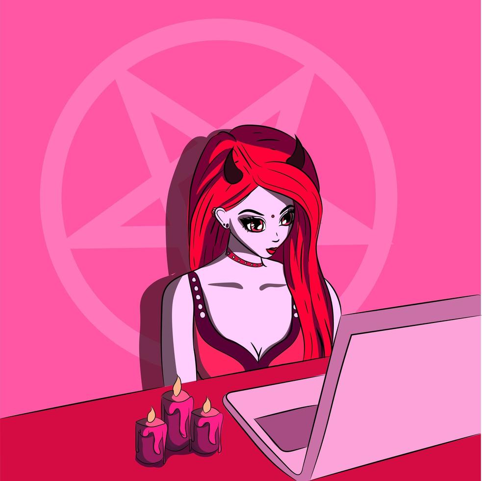 Pink succubus watching movies on laptop vector