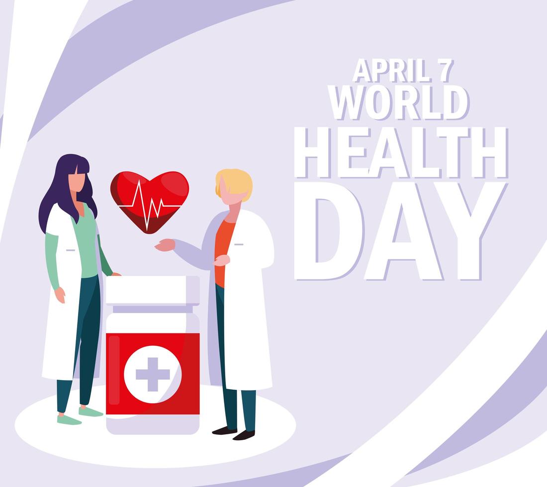 World health day poster with doctors and medication vector