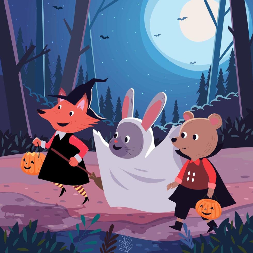 Children Goes Trick-Or-Treating On Halloween Night vector