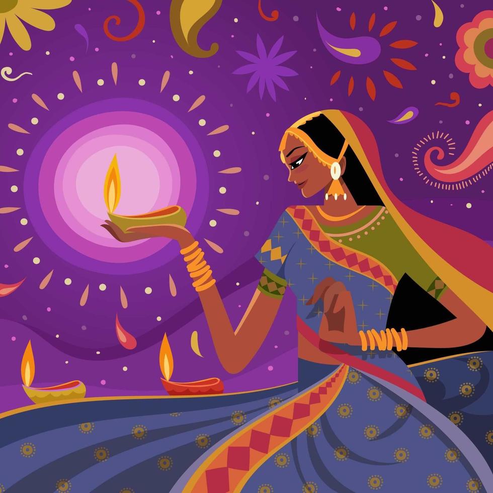 Women Celebrating Diwali With Abstract Background vector