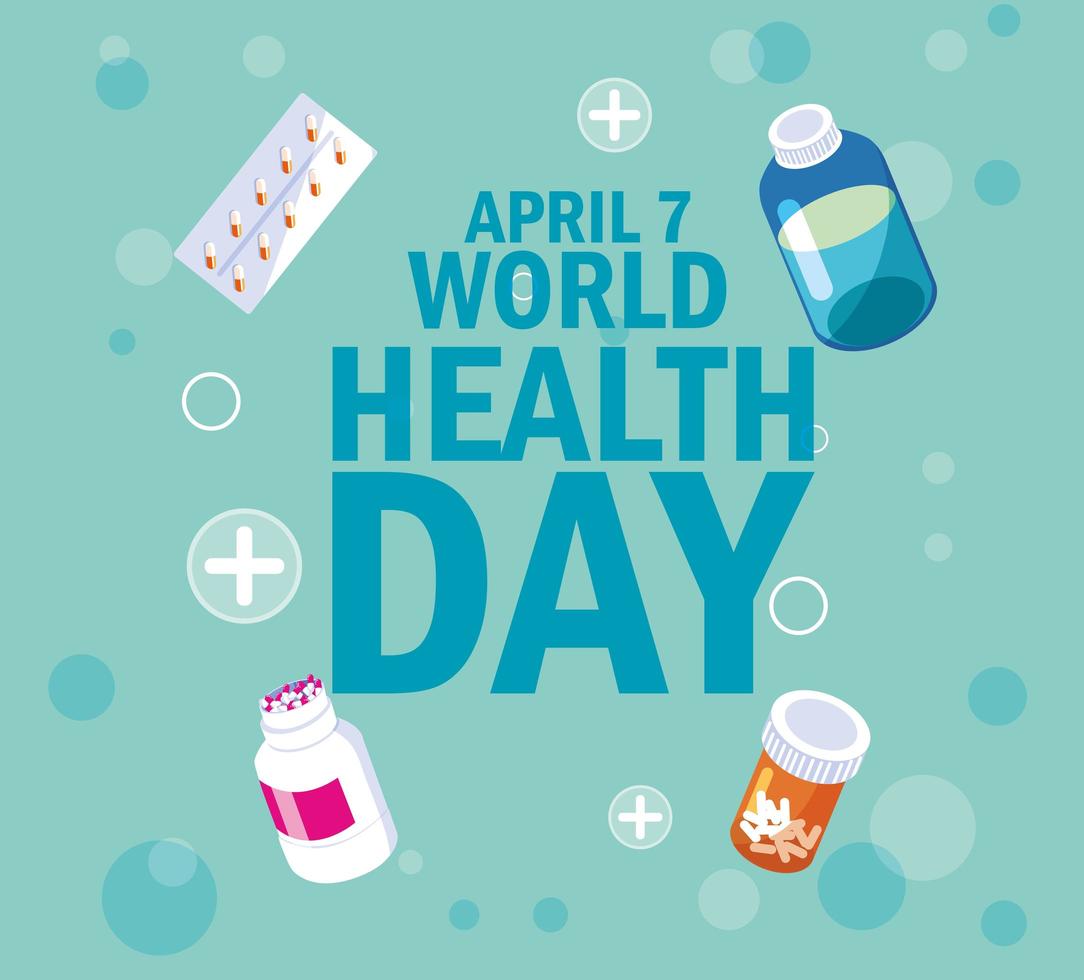 World health day card with bottles and medicines vector