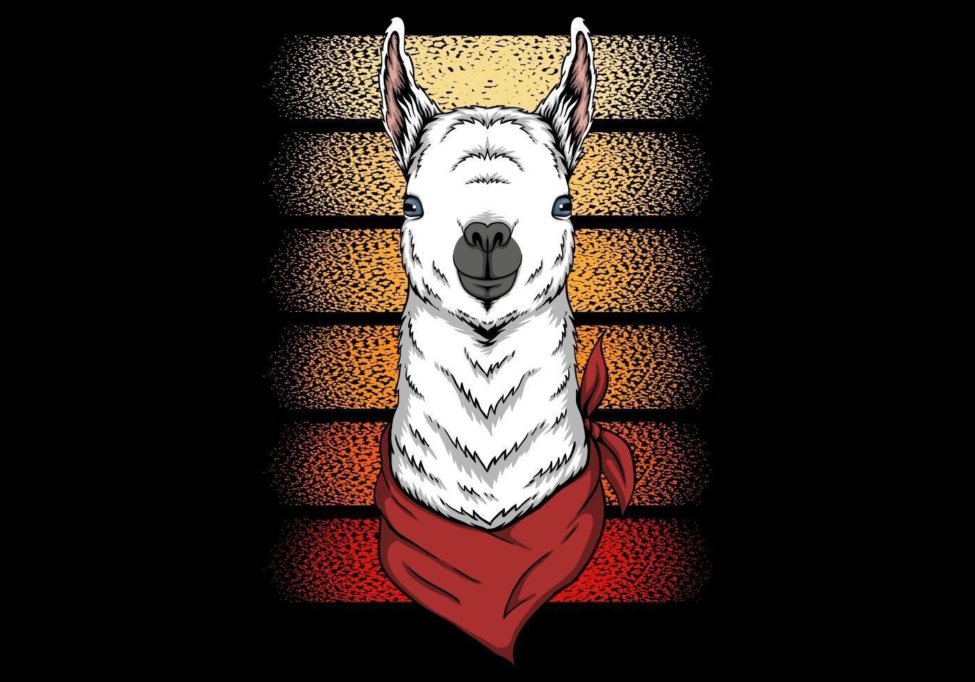 Llama wearing bandana retro design vector