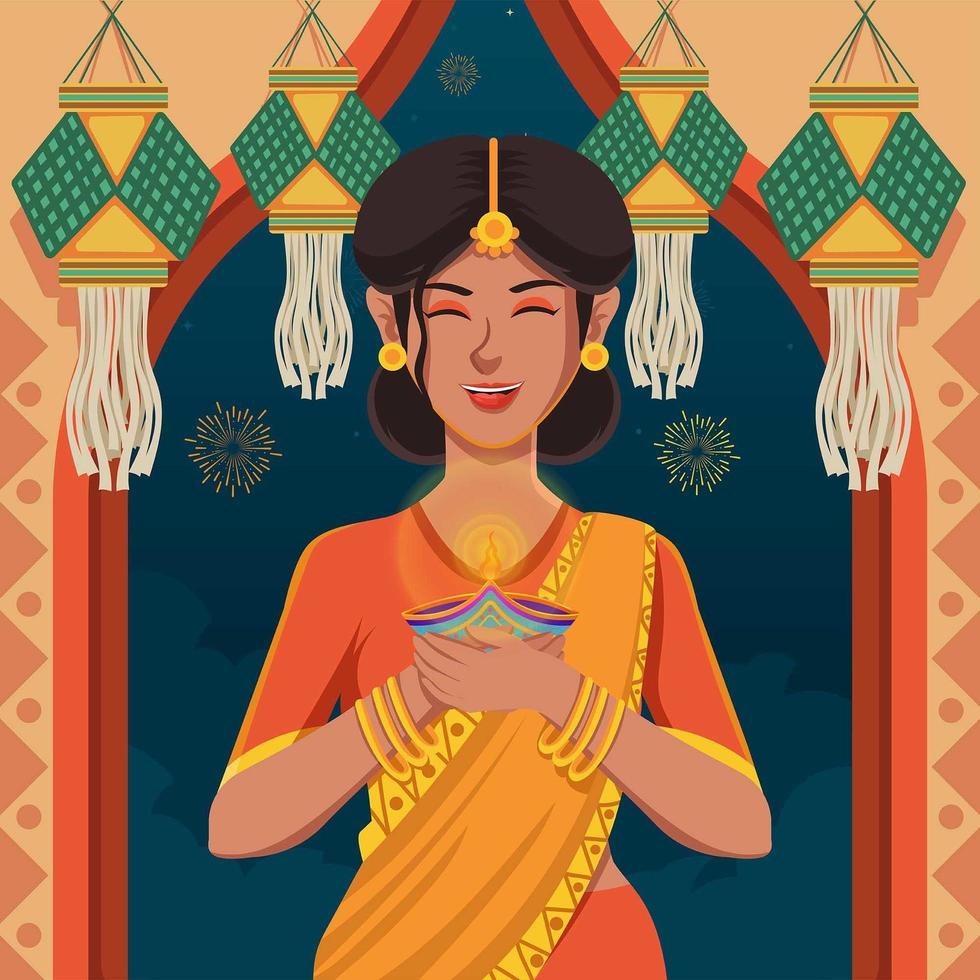 Women In Sari Celebrating Wonderful Diwali Festival vector