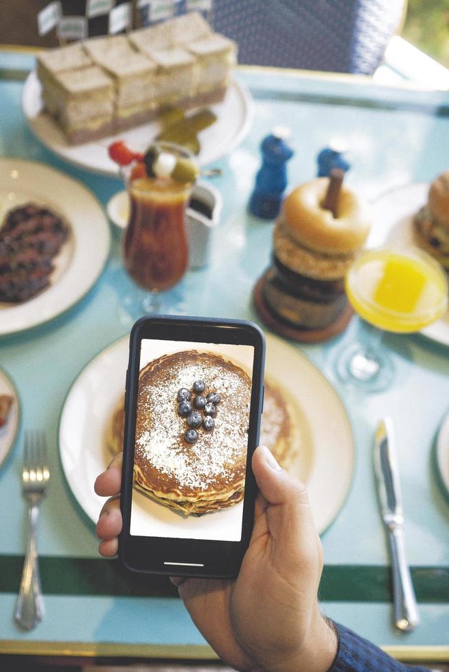 Person photographing breakfast photo