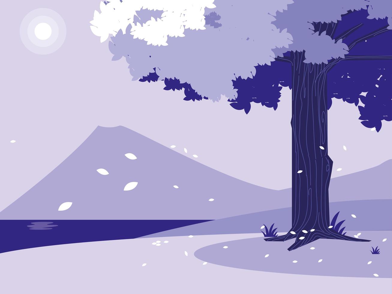 paisaje creativo con árbol púrpura escena vector