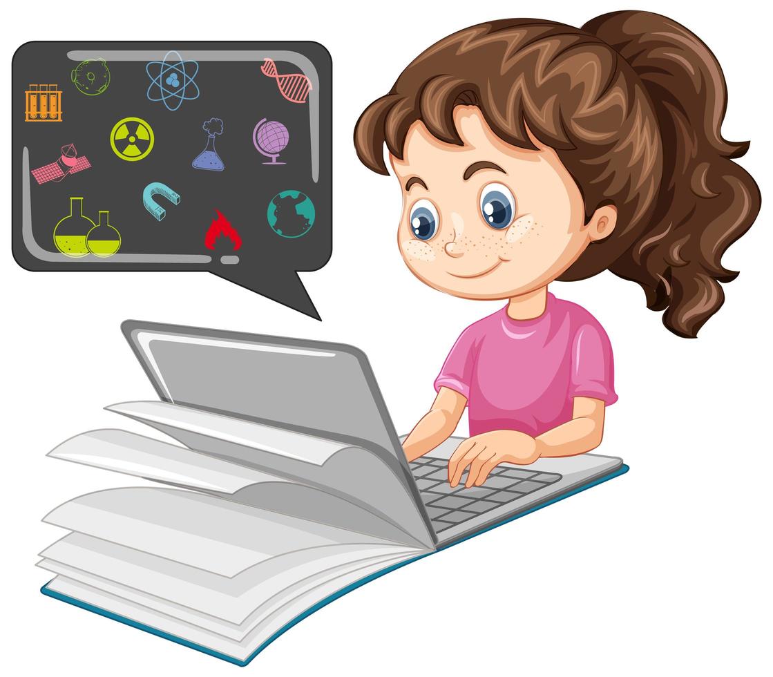 Girl studying and researching on the laptop vector