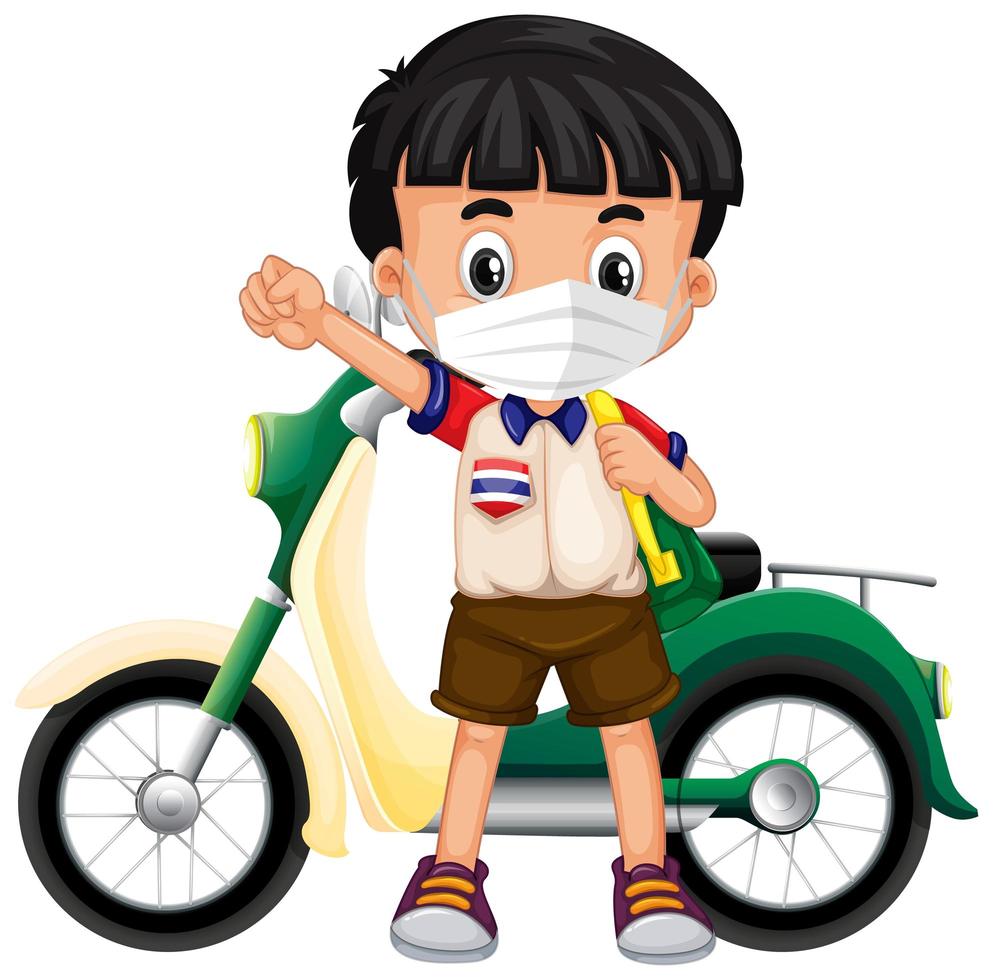 niño tailandés con una mascarilla con un scooter vector