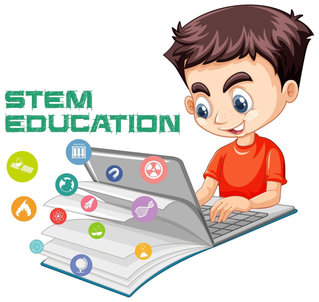 Boy studying online, stem education concept design vector