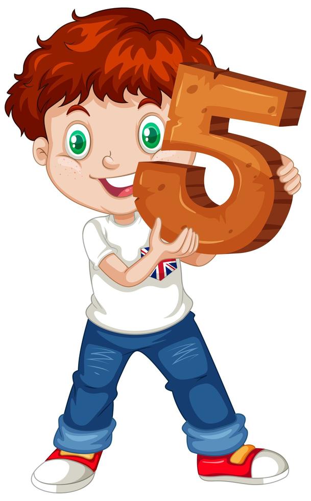 Young boy holding the number five vector