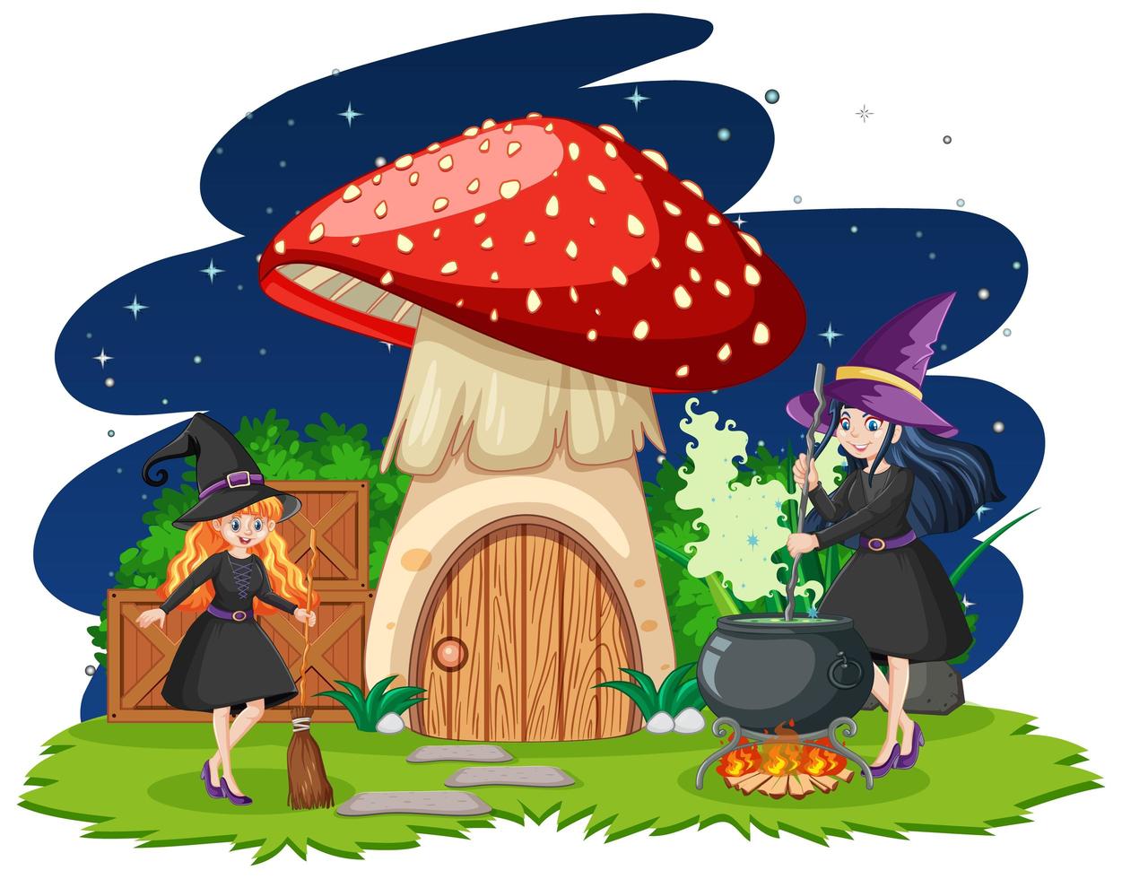 Young witches with mushroom house  vector