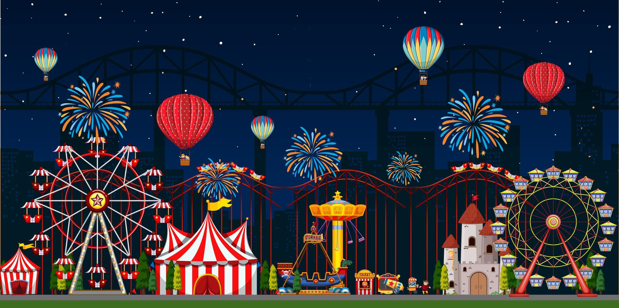 Amusement park scene at night with fireworks vector