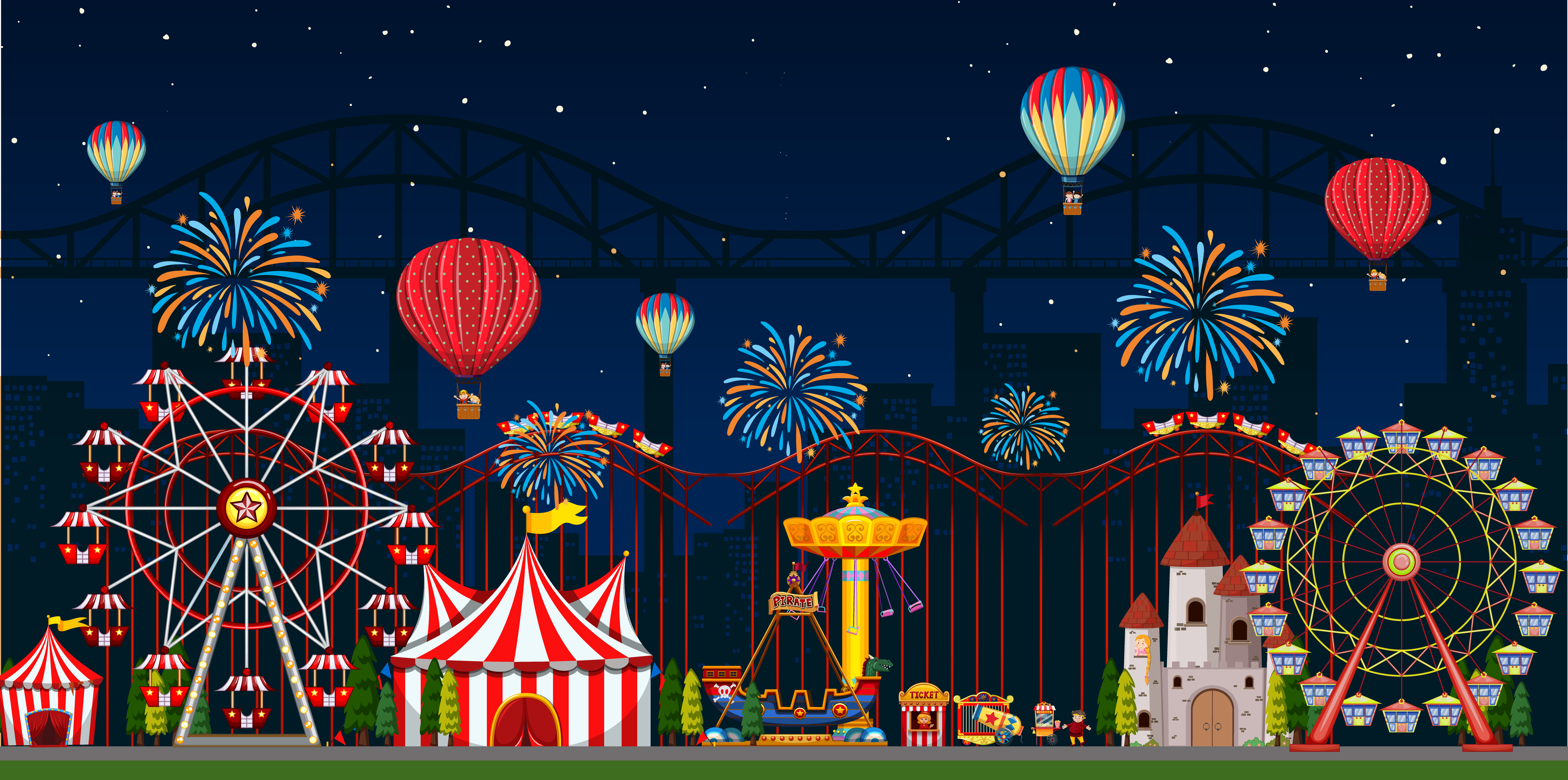 Amusement park scene at night with fireworks 1337842 Vector Art at Vecteezy