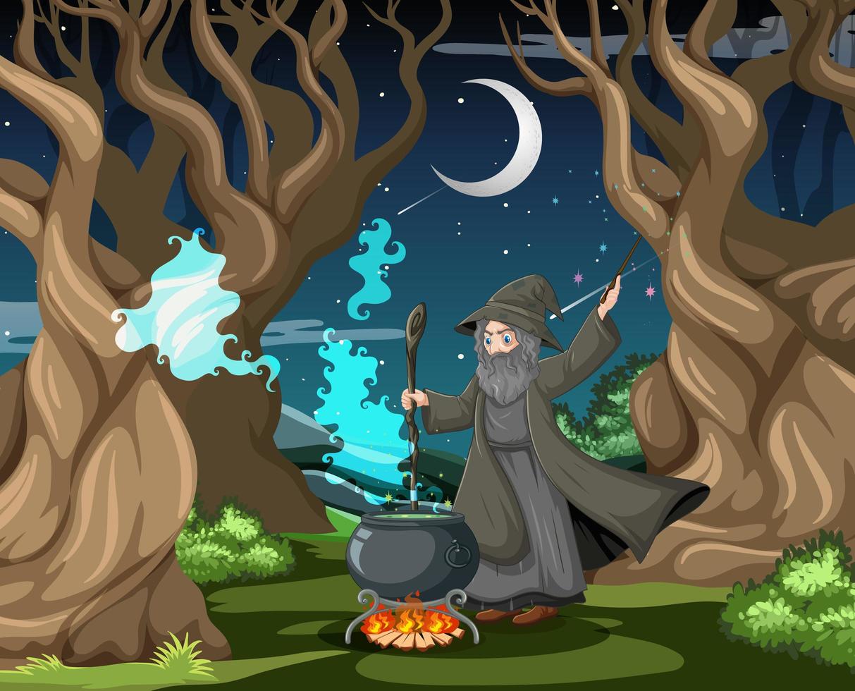 Wizard with a magic cauldron outdoors vector