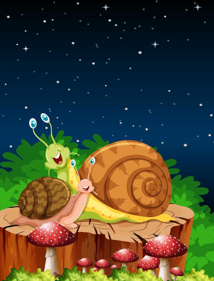 Snails in a garden at night vector