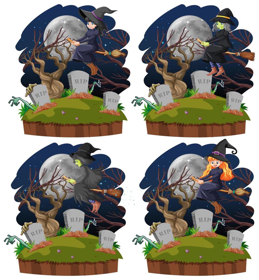 Witches riding brooms at night set vector