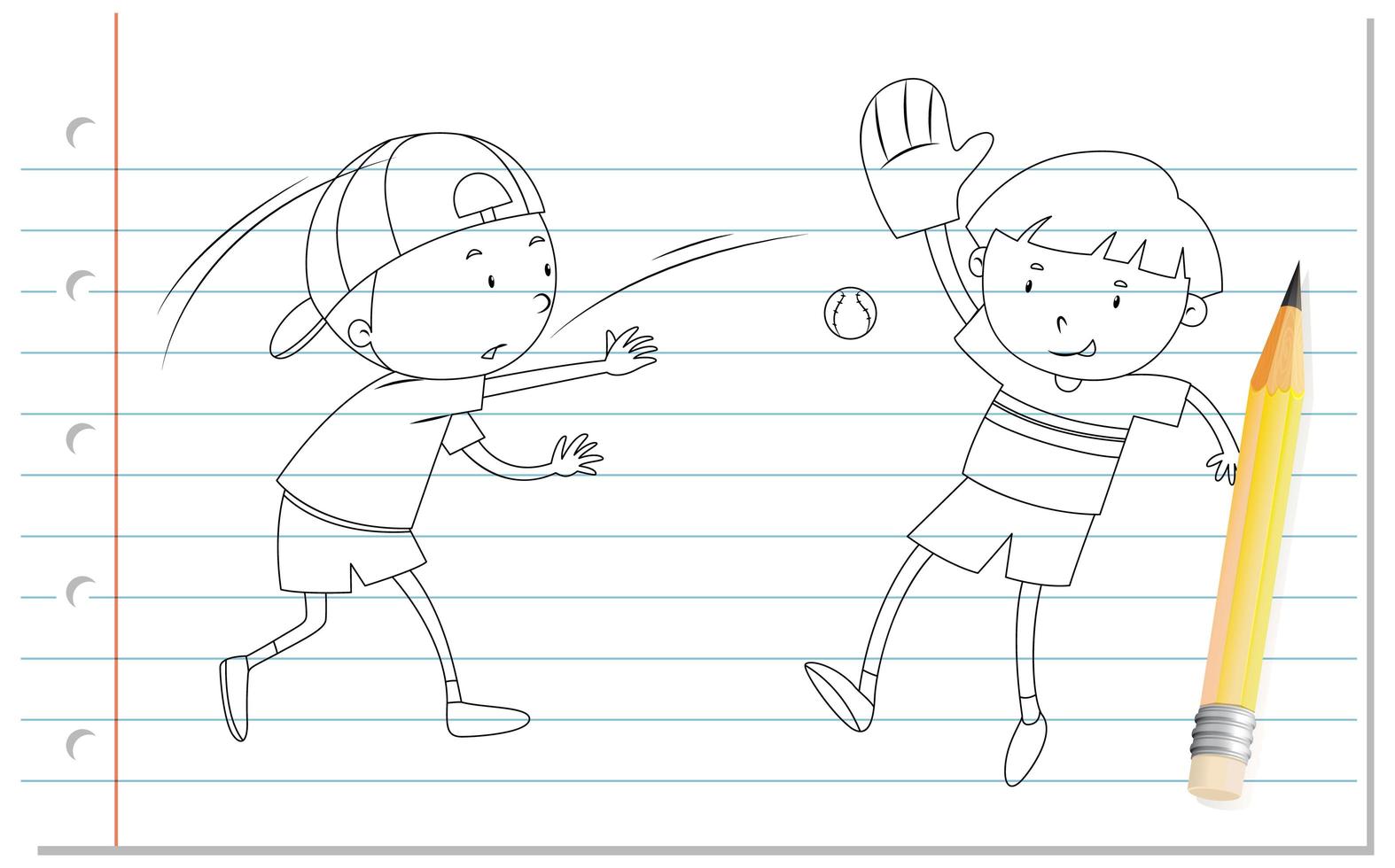 Doodle de niños jugando béisbol vector