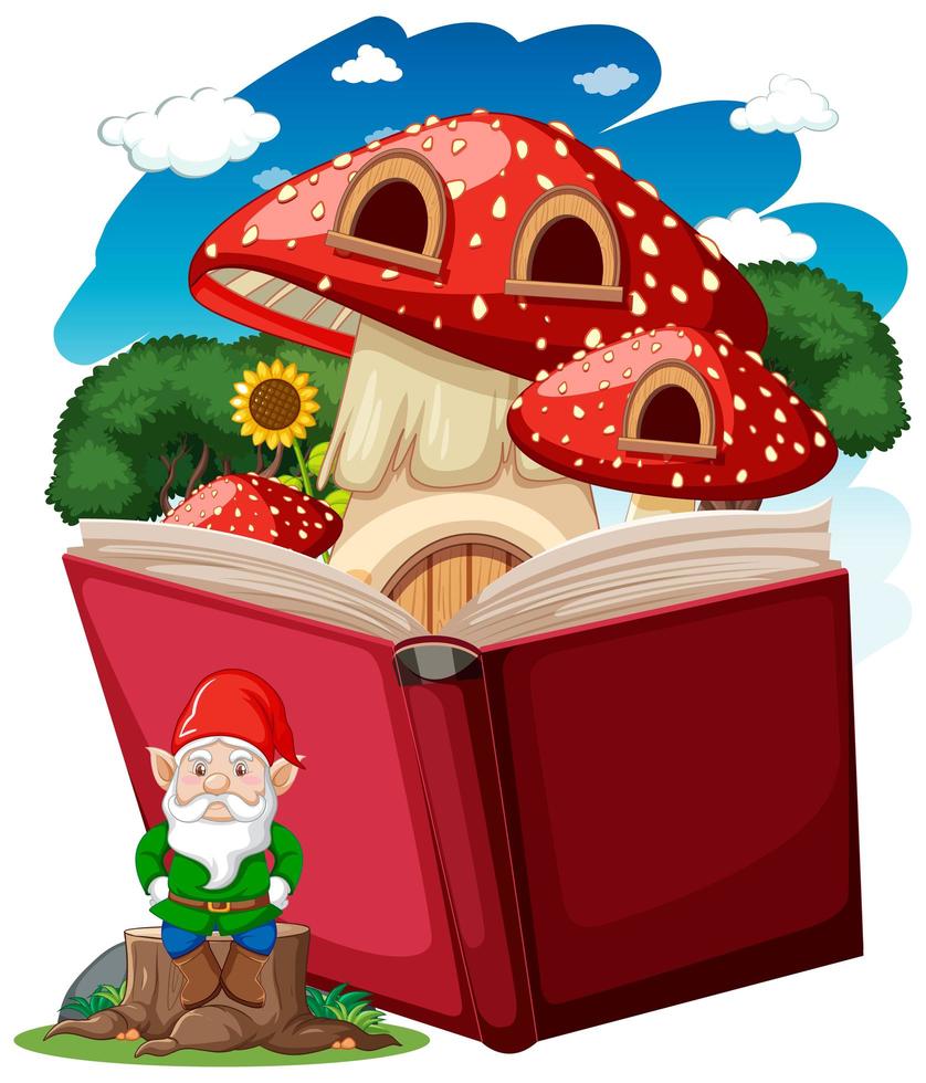 Gnome and mushroom house on a pop book vector